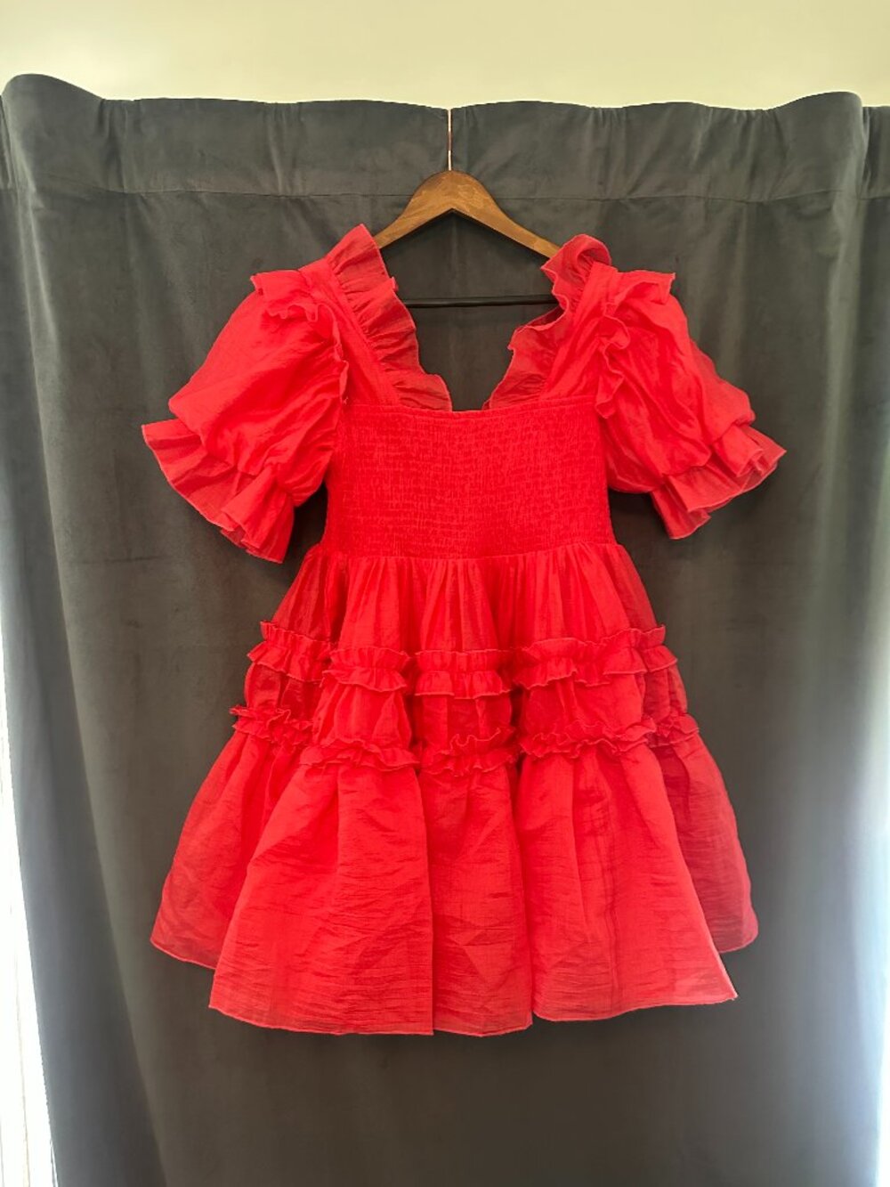 Sister Jane DREAM Coral Ruffle Puff Sleeve Smocked Mini Dress – Size M